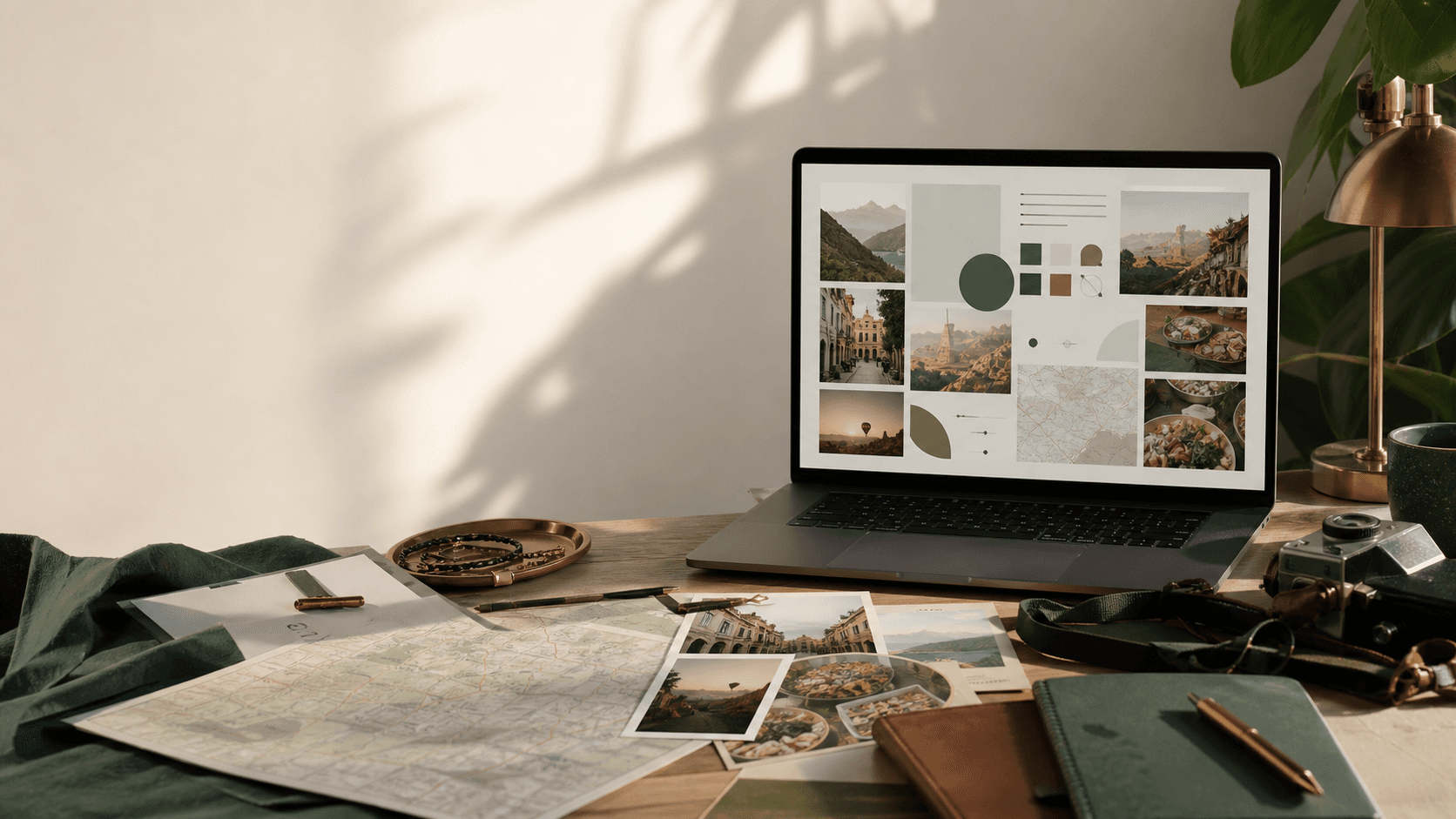 Tavolo di lavoro di un travel creator con foto, mappe e appunti di viaggio.